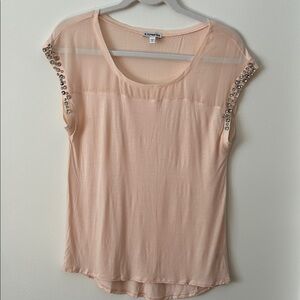 Express Pale Pink Short Sleeve Top with Crystal-Embellished Sleeves
